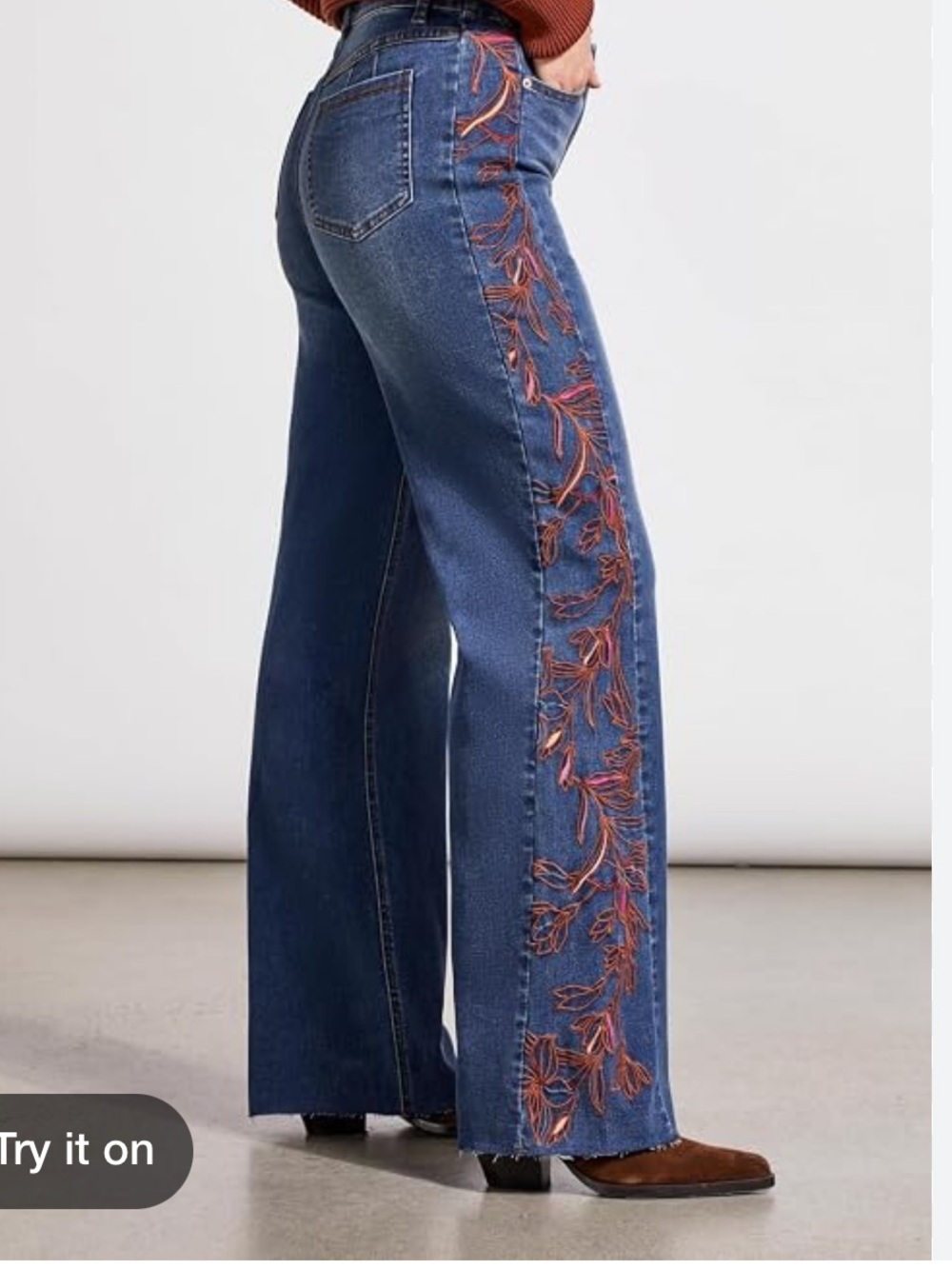 Tribal Wide-Leg Embroidered Side-Stripe Jeans - Blue with Rust Embroidery